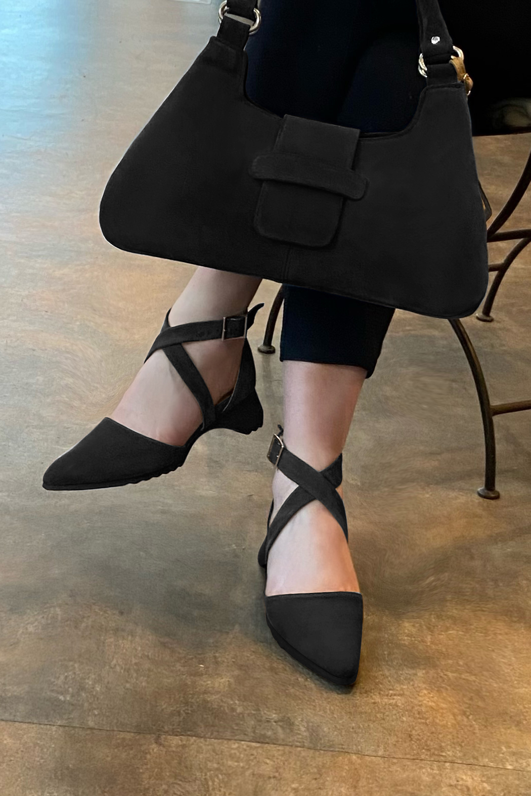 Matt black women's open side shoes, with crossed straps.. Worn view - Florence KOOIJMAN